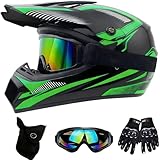 DriveNova MTB Helm Fullface Kinder, Motocross Fullface MTB Helm Downhill Motorradhelm Kinder mit Handschuhe Maske Brille, Jugend Motorradhelme Inklusive 2 Größen Helmfutter (Grün, S-M)