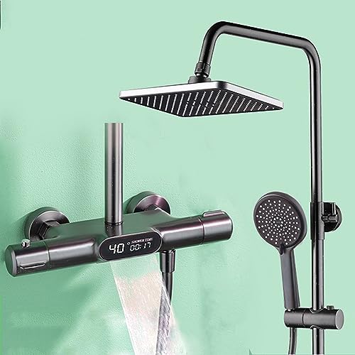 ZYCHSJXA Conjunto de grifería termostática Digital para Ducha con caño Tipo Cascada para bañera, Montaje en Pared, 3 Funciones, Altura Ajustable, 4 Modos de Funcionamiento, Color Gris Plomo