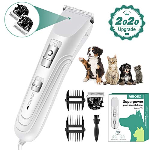 AIBORS Dog Grooming Clippers kit with 12V High Power Low Noise for Thick Coats Heavy Duty Plug-in Pet Trimmer Electric Professional Hair Clippers for Dogs Cats Pets, 2 Pack Blades