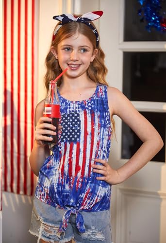 Image of July 4th Girls Patriotic Sleeveless Tie Knot Front Tank Top Stars Stripes Tee Shirt 4-14 Years