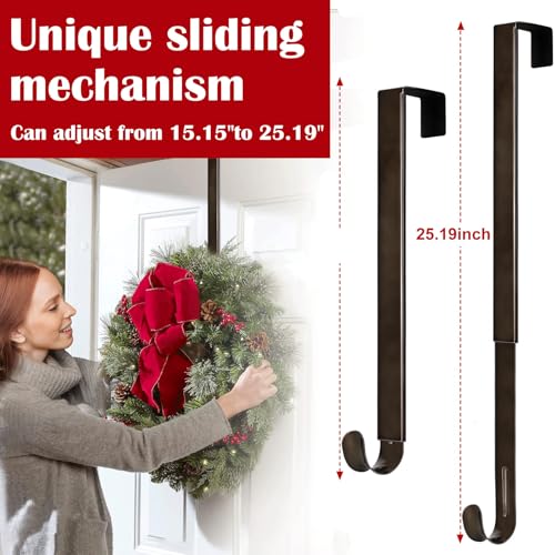 Image of 15 inchto 25 inch Wreath Door Hanger, Non Scratch Wreath Hangers for Front Door | Metal Door Wreath Hanger, Over the Door Hooks, Hanging Fall Easter Christmas Halloween Decor Welcome Sign- Hold Up to 20lbs