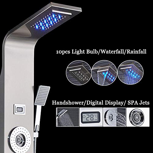 Columna de ducha en níquel cepillado con panel de ducha LED, jets de masaje SPA y caño para bañera miniatura 7