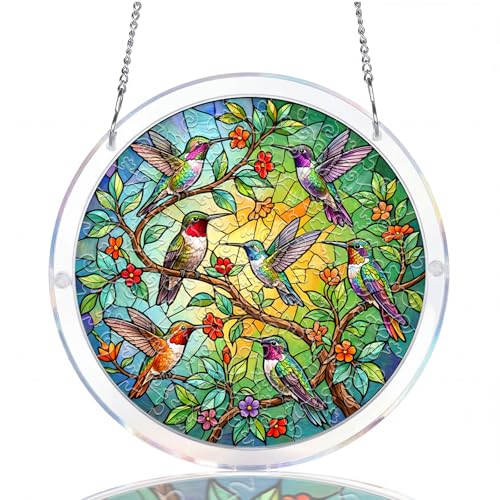 WOODBESTS Acrylic Suncatcher Puzzles Suncatcher for Doors Garden Window Hanging Hummingbirds Garden Puzzle Birthday for Lover (S - 7.4 * 7.4 in)