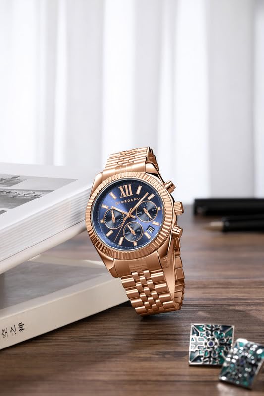 Image of Giordano Chronograph Watch for Men with Round Sunray Dial, Quartz Movement, Three Sub-Dials, Date Display, Roman Numeral Marker, Stainless Steel Strap - GZ-50217