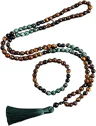 Japamala 108 Contas em Pedras Naturais – "Turquesa Africana", Ônix Preto e Olho de Tigre – Meditação, Proteção e Equilíbrio + Pulseira – Acompanha Bolsa de Veludo