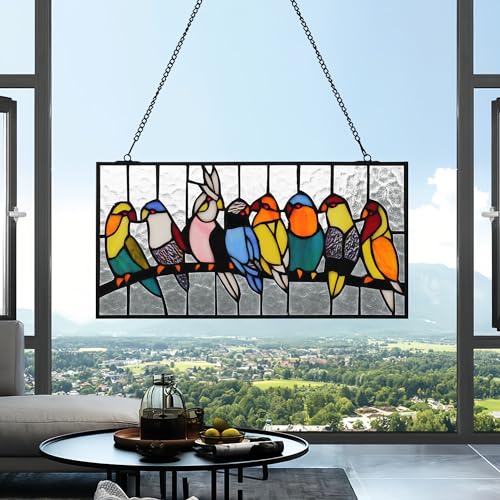 Parrot Stained Glass Window Hanging 16 x 8 Handmade Tiffany Style Rectangular Transom Window Panel Perfect for Living Room Bedroom Kitchen Decor Hangings with Chain (8 Parrots)