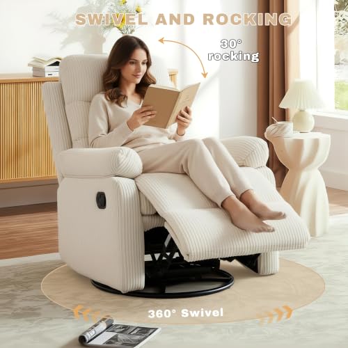 Image of Rocking Recliner Chair,Modern Swivel Glider Recliner Chair,Corduroy Fabric Upholstery Recliner,Manual Reclining Sofa Chair for Living Room,Office,Apartment (Beige)