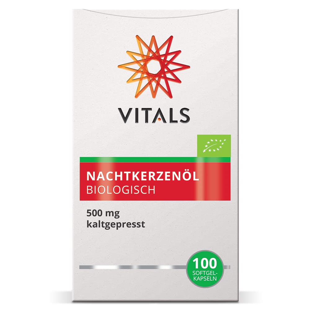 Vitals Nachtkerzenöl Bio - 100 Softgel-Kapseln, vegan. 500mg kaltgepresstes Öl aus Nachtkerzensamen mit GLA. Ohne Chemikalien, aus biologischem Anbau.