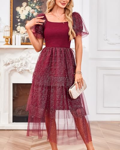 Youtalia Women's Smocked Tulle Midi Dress Tiered Shimmer Square Neck Puffy Sleeve Wedding Evening Party Dresses3