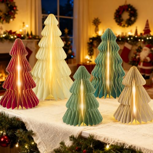 Christmas Table Decor, Lighted Honeycomb Paper Trees, 8-12 Inch, 5-Pc