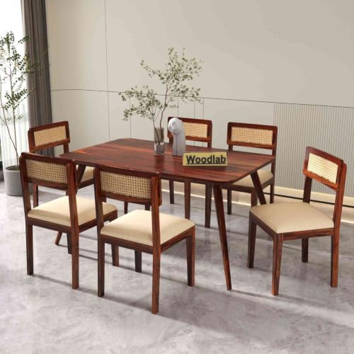 Image of WOODLAB Solid Sheesham Wood 6 Seater Dining Table Set | Wooden Six Seater Dining Table with Cushioned Cane Back Chairs Furniture for Living Room, Home, Hotel and Restaurants - Natural Finish