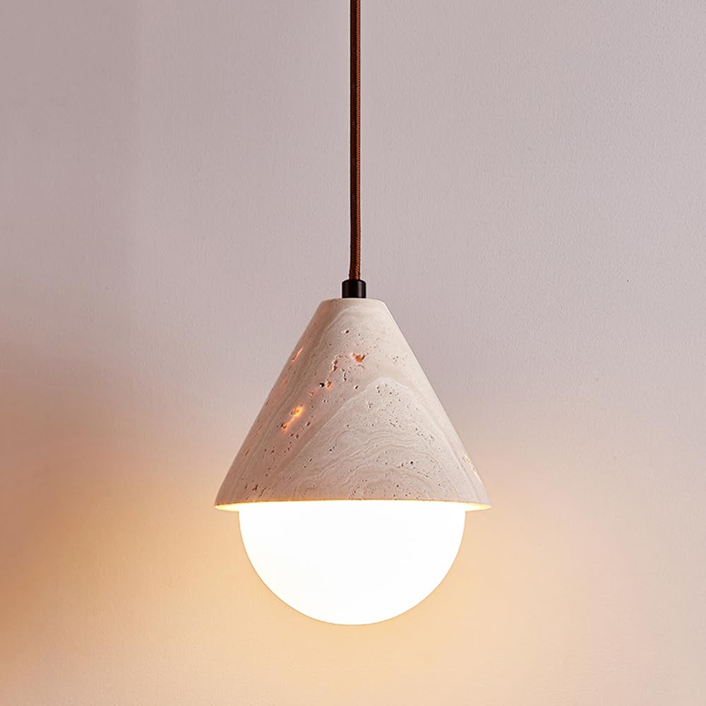 Lampe à suspension haut de gamme en travertin jaune et auvent en bois