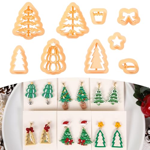 Puocaon Christmas Tree Clay Cutters - 9 Pcs Christmas Polymer Clay Cutters for Jewelry Earrings Xmas Tree Ornament Bow
