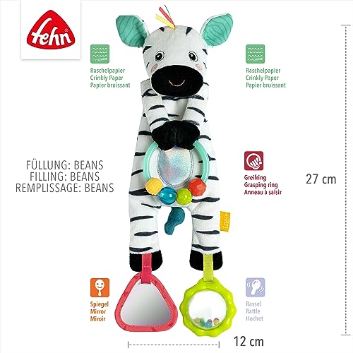 Fehn Bean Bag Zebra – Motorikspielzeug mit Perlenring für Kinderwagen, Kinderbett und Babyschale – Granulat Füllung zum Fühlen und Greifen – Spielzeug für Babys und Kinder ab 0+ Monaten