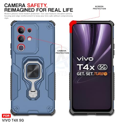 Image of AESTMO Armor Back Cover for Vivo T4X / Z10X / Y31 Pro 5G | Ring Holder & Kickstand & Camera Protection in-Built | 360 Degree Protection Back Case Cover (Blue)