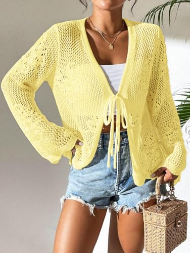 Image of Womens Tie Front Lightweight Crochet Cardigan Shrugs Knit Cardigan Crop Tops Cover Up
