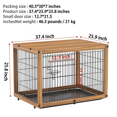 Ylovecl Wooden Dog Crate Furniture With Sliding & Fixable Tray, Dog Crate End Table For Medium Dog, Furniture Style Dog Kennels Indoor - Light Brown, 37.4L*25.9W*25.8H #TOP4