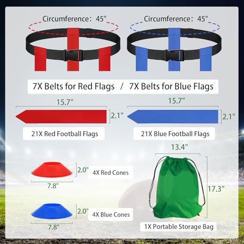 Flag Football Set with Practice Cones and Bag,14 Player Adjustable Flags Football Belts for Adults Youth Backyard Training (Blue and Red)