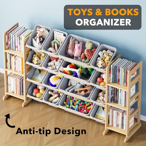 Image of SpaceAid Toy Storage Organizer with 6 Shelves and 16 Bins, Toy Organizers Storage Bookshelf, Kids Bin Shelf Toys Box Bookcase for Bedroom Playroom Organization Room Decor, Neutral Gray