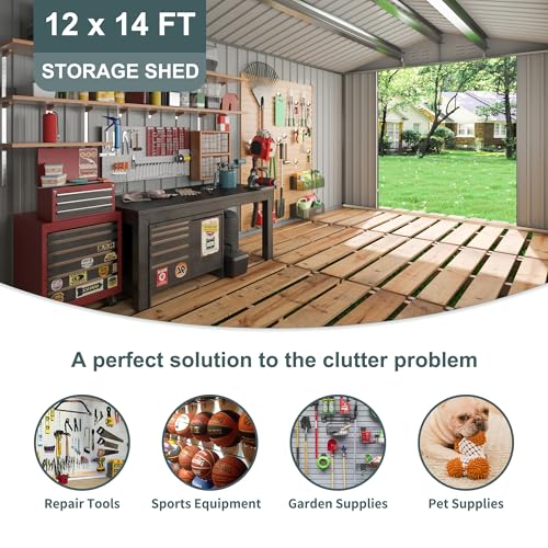 Image of Polar Aurora 12x14 FT Outdoor Storage Shed Black | Garden Shed with Updated Frame Structure and Lockable Doors, Metal Tool Sheds for Backyard Garden Patio Lawn