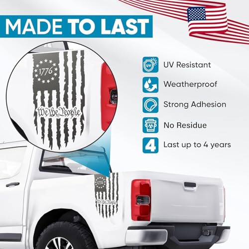 Image of GRITKULTURE We The People Distressed American Flag Decal Vinyl for Trucks, Cars, Tailgate, Windows Preamble of The US Constitution fits Most Pickup Trucks-Rear USA Flag Car Sticker (Metallic Grey)