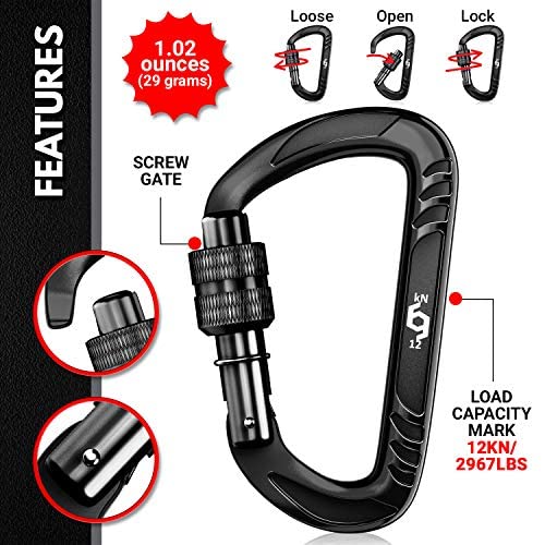 Rhino Produxs 2Pcs Of 12Kn (2697 Lbs) Heavy Duty Lightweight Locking Carabiner Clips - Excellent For Securing Pets, Outdoor, Camping, Hiking, Hammock, Dog Leash Harness, Keychains #TOP3