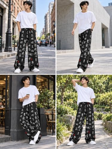 Image of Mens Boho Hippie Harem Pants | Black Printed Wide-Leg Trousers | Koren Streetwear Loose Baggy Fit Summer Lounge Yoga Lowers |Trouser Relaxed Fit for Men | Men Drawstring Pants
