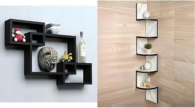 Store Interlock Engineered Wood Wall Mount Shelf for Living Room and Home Decor Items Set of 3 Black Corner Item Glossy Finish 5 White