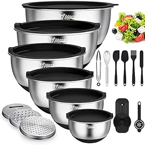 Wildone Mixing Bowls with Airtight Lids, 22 PCS Stainless Steel Set, 3 Grater Attachments, Measurement Marks & Non-Slip Bottom, Size 5, 4, 3, 2,1.5, 0.63QT, Ideal for Mixing & Prepping