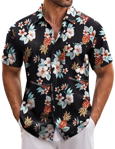 COOFANDY Camisa havaiana de verão para homem, camisas com botões, camisa informal de praia de manga curta com estampado floral e bolsos, cor preta L, Preto, L