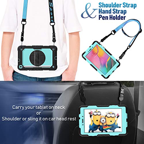 Timecity Tablet Case For Samsung Galaxy Tab A 8.0 2019 Release (Only Fit Sm-T290/T295/T297), Tablet Case Protector With Rotating Stand Screen Protector Handle Shoulder Strap, Black/Light Blue #TOP3