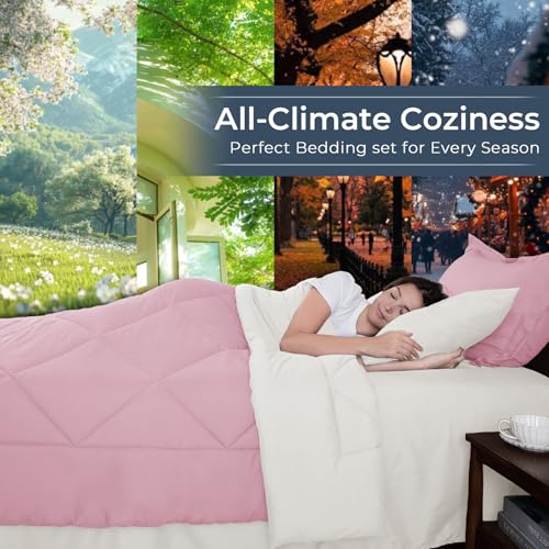 HEVUMYI Queen Comforter Set - 7-Piece All Season Bed in a Bag Queen, Ultra Soft Bedding Set with Comforter, Flat Sheet, Fitted Sheet, Pillowcases, Pillow Shams, Pink & Ivory