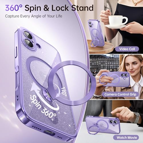 360° Spin CD Stand for iPhone 17 Case Compatible with Magsafe Ring [Never Yellow][DIY Glitter Cardstock] Camera Protection Plating Clear Cute Phone Case for Women Girls 6.3'', Lavender Purple by Peerock - Used condition - Image 3