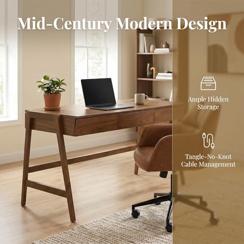 Image of HNY 59 Inches Walnut Wooden Writing Desk with 3 Drawers, Computer Study Table with MDF Top, Solid Rubberwood Legs and Hidden Cable Management Holes, Corner Makeup Vanity Desk for Home Office, Bedroom