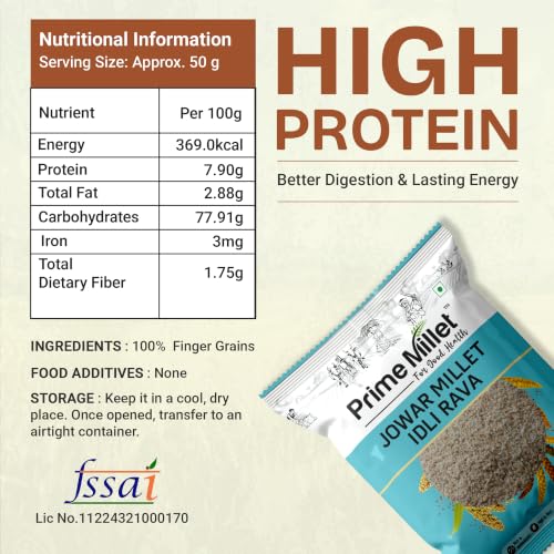 Image of Prime Millet For Good Health Organic Jowar Idli Rava | Premium Sorghum Millet Idli Mix | High Fiber Superfood | Gluten Free Healthy Breakfast Ingredient | Supports Healthy Digestion | Natural Unpolished Jowar Rava | Ancient Grain Nutrition (500 Gram)