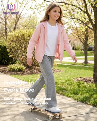 Image of WELAKEN Girls Sweatpants for Casual & Athletic - Kids Flared Pants Bell-Bottom Trousers with Pockets