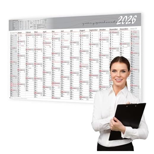 Kamber Office XXL Calendario de pared 2026 grande (114 x 64 cm) plegado en formato horizontal – Calendario anual 14 meses, calendario 2026 de pared - 150 g/m²