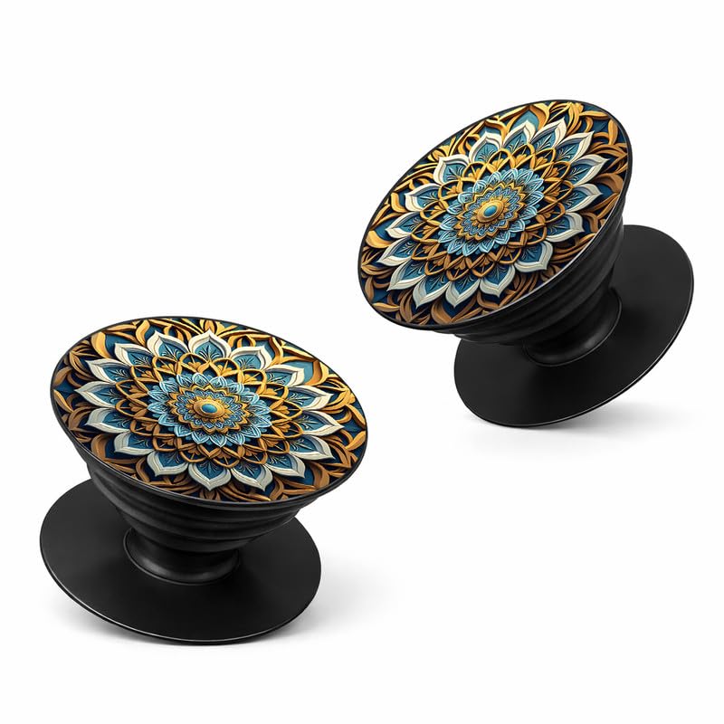 Image of Designer Phone Case Holder | Expanding Mobile Pop-up Grip for iPhone, Samsung, OnePlus & All Smartphones | Designer Phone Grip Mandala (Golden Blue)