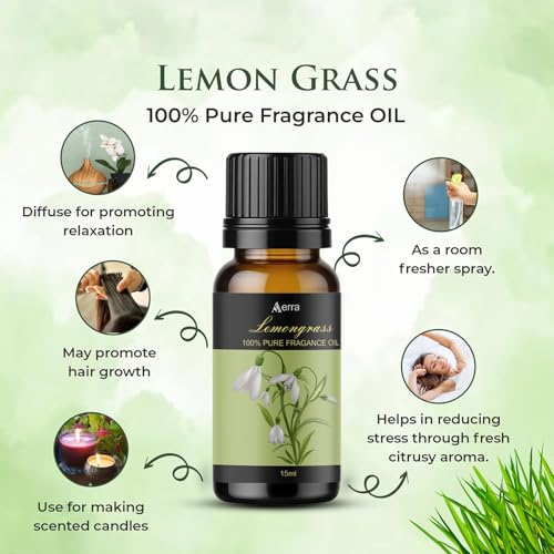 Image of Aerra Lemongrass Fragrance Oil (15ml) for Puja, Diffuser, Candles, Soap Making | Zesty Aroma Oil for Weddings, Monsoon, DIY