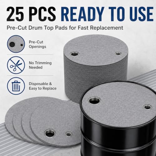 Image of Frienda 25 Pcs Drum Top Oil Absorbent Pads for 55 Gallon Drums Barrel Absorbent Pads Mat 22 inch Diameter Lid Oil Mat with Bungs 0.75 inch and 2 inch Diameter(Gray)