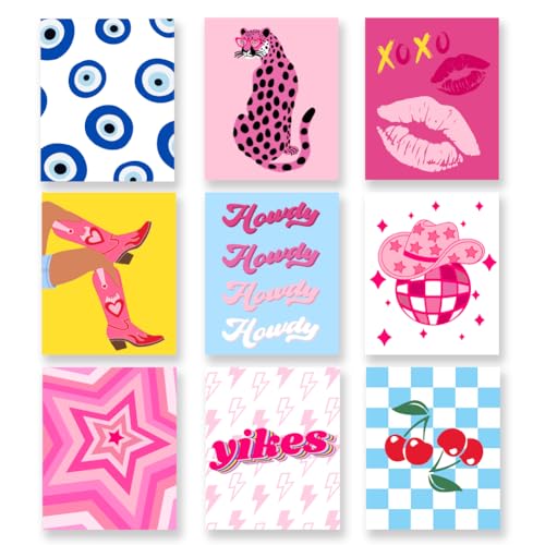 SUPERDANT Pink Blue Art Poster Modern Aesthetics Canvas Prints Poster Cheetah Red Lips Wall Poster Personalised Wall Art Prints for Preppy Room Bedroom Living Room Decoration Unframed Set of 9