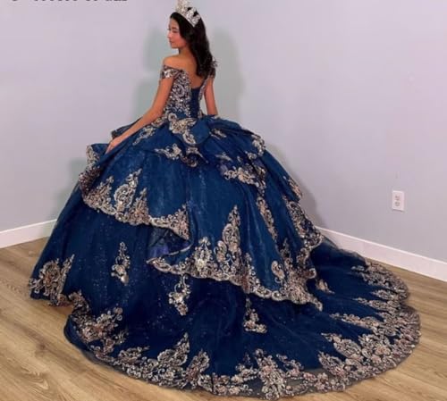 Glittery Tulle Gold Floral Appliques Cinderella Quinceanera Dresses Blue Off The Shoulder Sweet 16 Dress Prom 20252