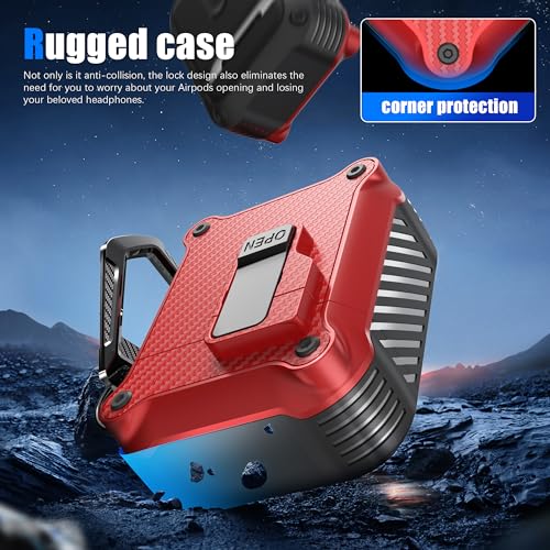 RFUNGUANGO for Airpods 2nd and 1st Generation Protective Cases Automatic Pop-up with Safety Lock Clip, Full Body Shockproof Hard Case with Keychain (Cleaning Tool)- Red by RFUNGUANGO - Image 3