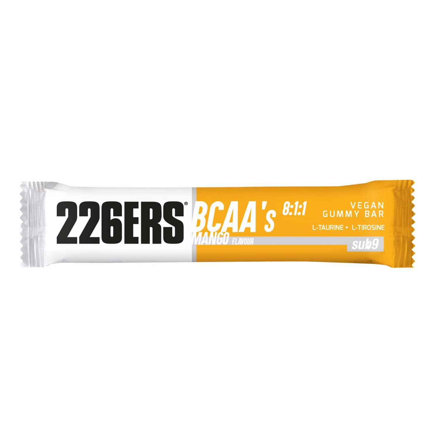 226ERS - Vegan Gummy Bar, Barrita Energética, Gominola para Deportistas, Textura de Gelatina, Carbohidrato y Pectina, Sub 9 BCAAs 8:​1:​1, Vegano y sin Gluten, Sabor Mango, 1 Unidad x 30 g