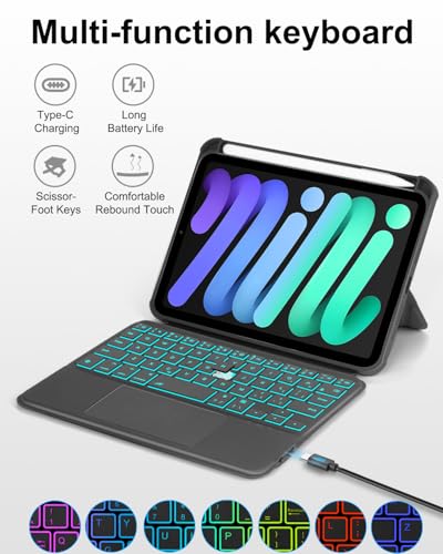 Case with Trackpad Keyboard for iPad mini 7th(A17 Pro, 2024)/6th Generation 8.3 inch,7-Color Backlit Wireless Keyboard Magnetic Detachable Multi-Angle Stand Cover for iPad mini 6 7 Black
