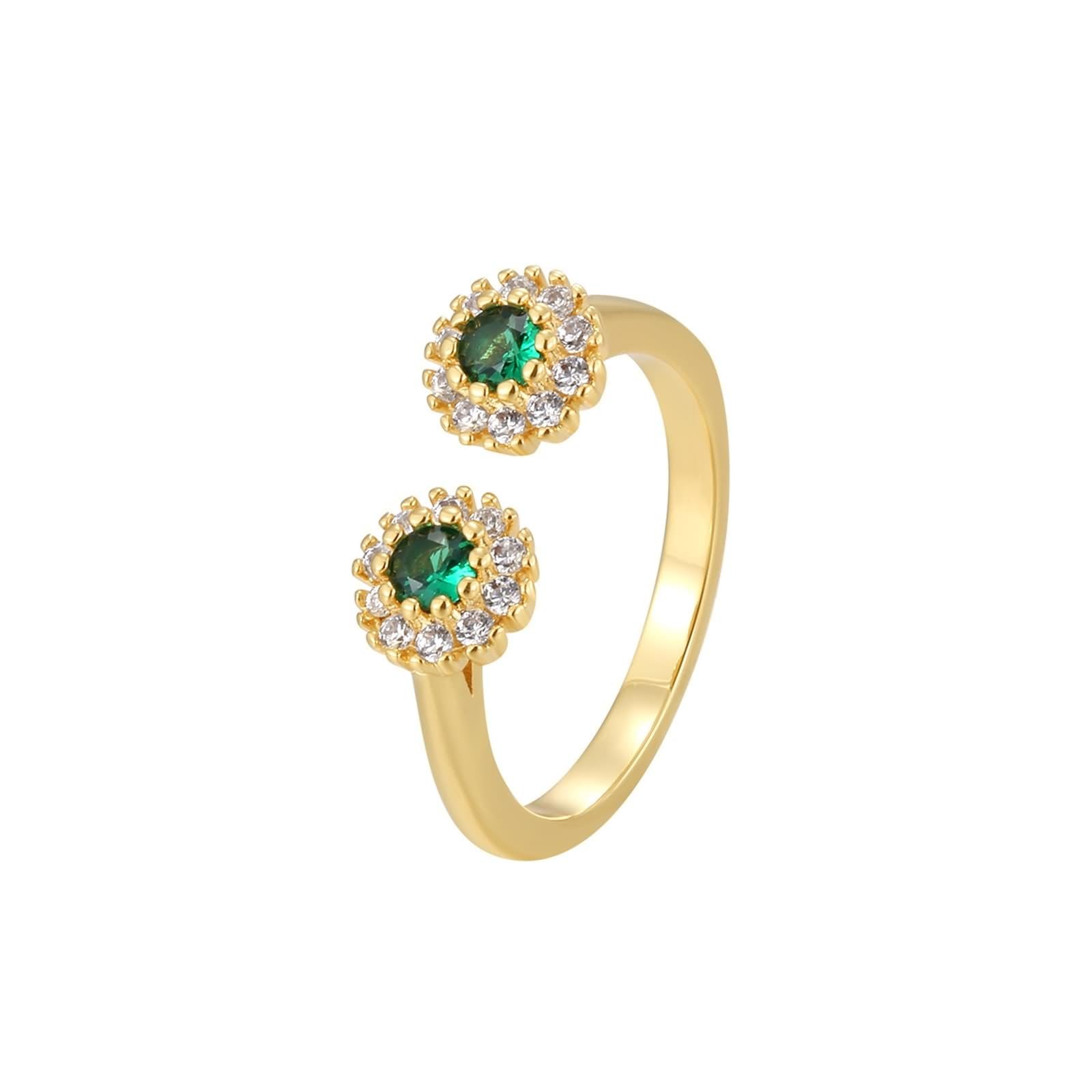 Delicado anillo para mujer, anillo de boda abierto, anillo de flores, ajustable con verde de corte redondo en laboratorio, esmeralda, oro amarillo