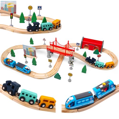 Wooden Train Set 52PCS Electric Train Sets with Wooden Train Track Magnetic Train Bridge Track Railway Kits for Kids Boys Ages 3+ Years Old Birthday Christmas New Year Gifts for Kids Boys Girls