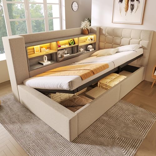 Kebnor Cama individual tapizada con iluminación LED, espacio de almacenamiento hidráulico, cabecero en forma de L con espacio de almacenamiento, montaje por ambos lados, somier, tela de lino (sin