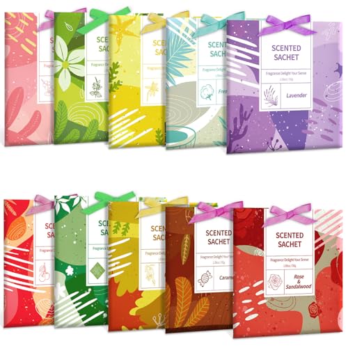 DERDUFT Scented Sachet Gift Set – Hanging Fragrance Sachets with Rope – Individually Wrapped Scent Bags for Wardrobe, Drawer, Closet, Car, Travel & Home Use - 10 Pack