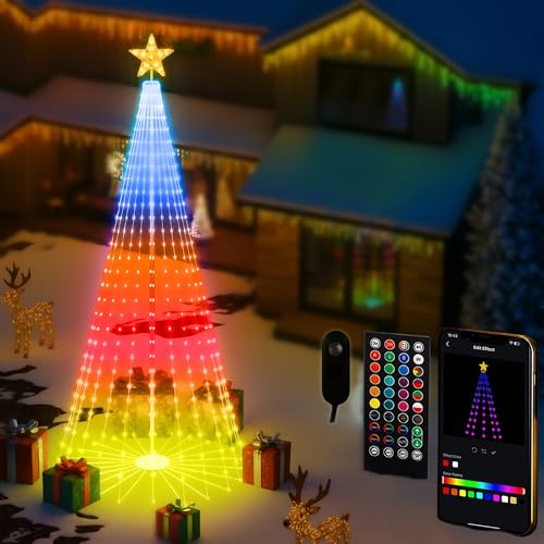 8FT Outdoor Christmas Tree Smart RGBW Lighted Christmas Cone Tree App and Remote Control DIY Multi-Color Lightshow 355 LEDs Christmas Tree with Timer and Music Sync Christmas New Year Decoration